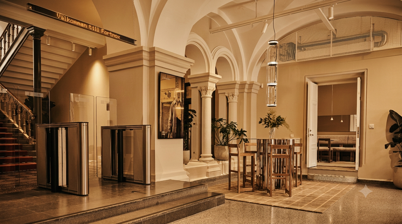 Fortnox headquarters entrance — warm sepia interior with arched ceilings, marble floors and wooden furniture